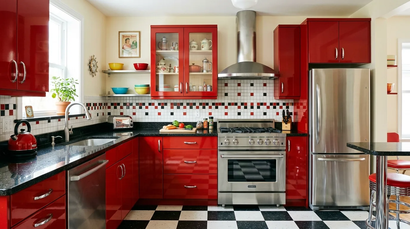 let the kitchen feel personal but edited in a kitchen inspired by fire engine red bold.